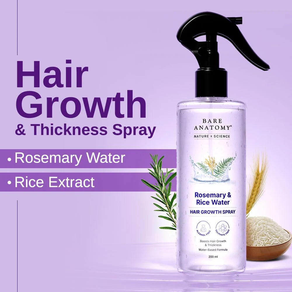 Bare Anatomy Rosemary & Rice Water Hair Growth Spray – Boosts Hair Growth & Thickness